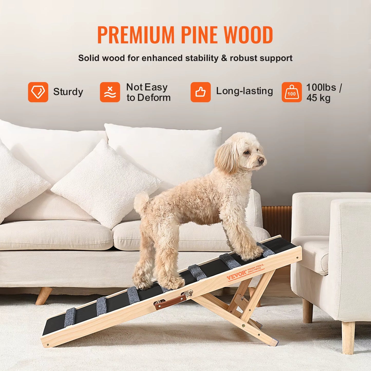Dog Ramp Folding Ladder Anti-Slip High Adjustable Wooden Pet Ramp Removable for Small Old Dog Climbing Stairs Sofa Car