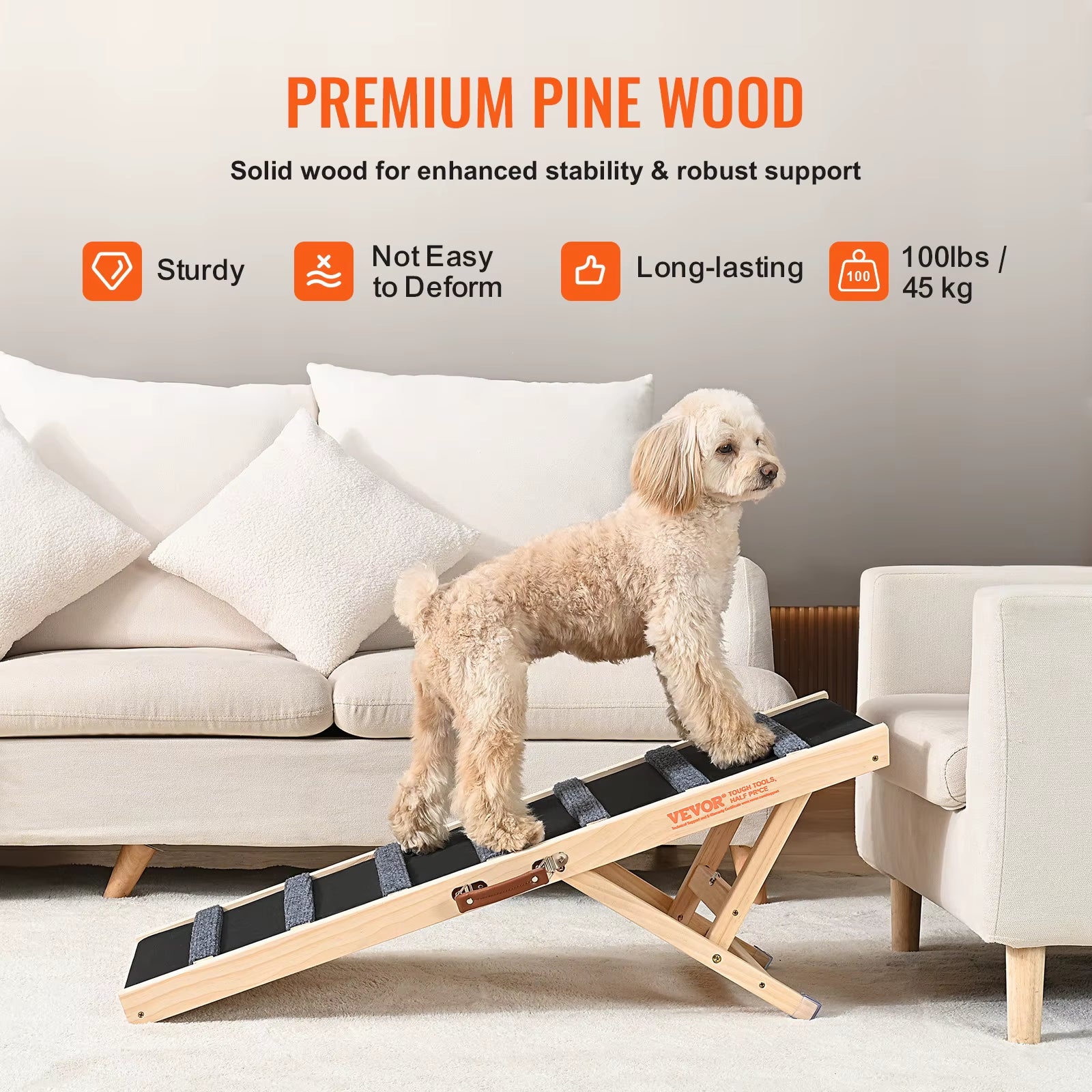 Dog Ramp Folding Ladder Anti-Slip High Adjustable Wooden Pet Ramp Removable for Small Old Dog Climbing Stairs Sofa Car