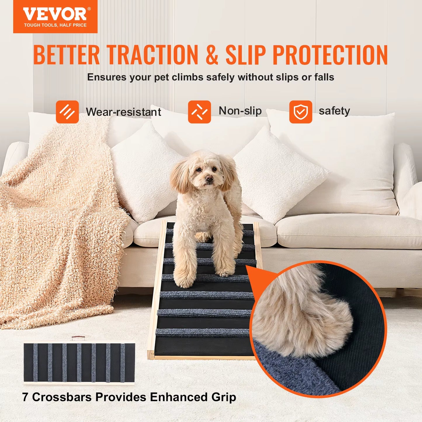 Dog Ramp Folding Ladder Anti-Slip High Adjustable Wooden Pet Ramp Removable for Small Old Dog Climbing Stairs Sofa Car